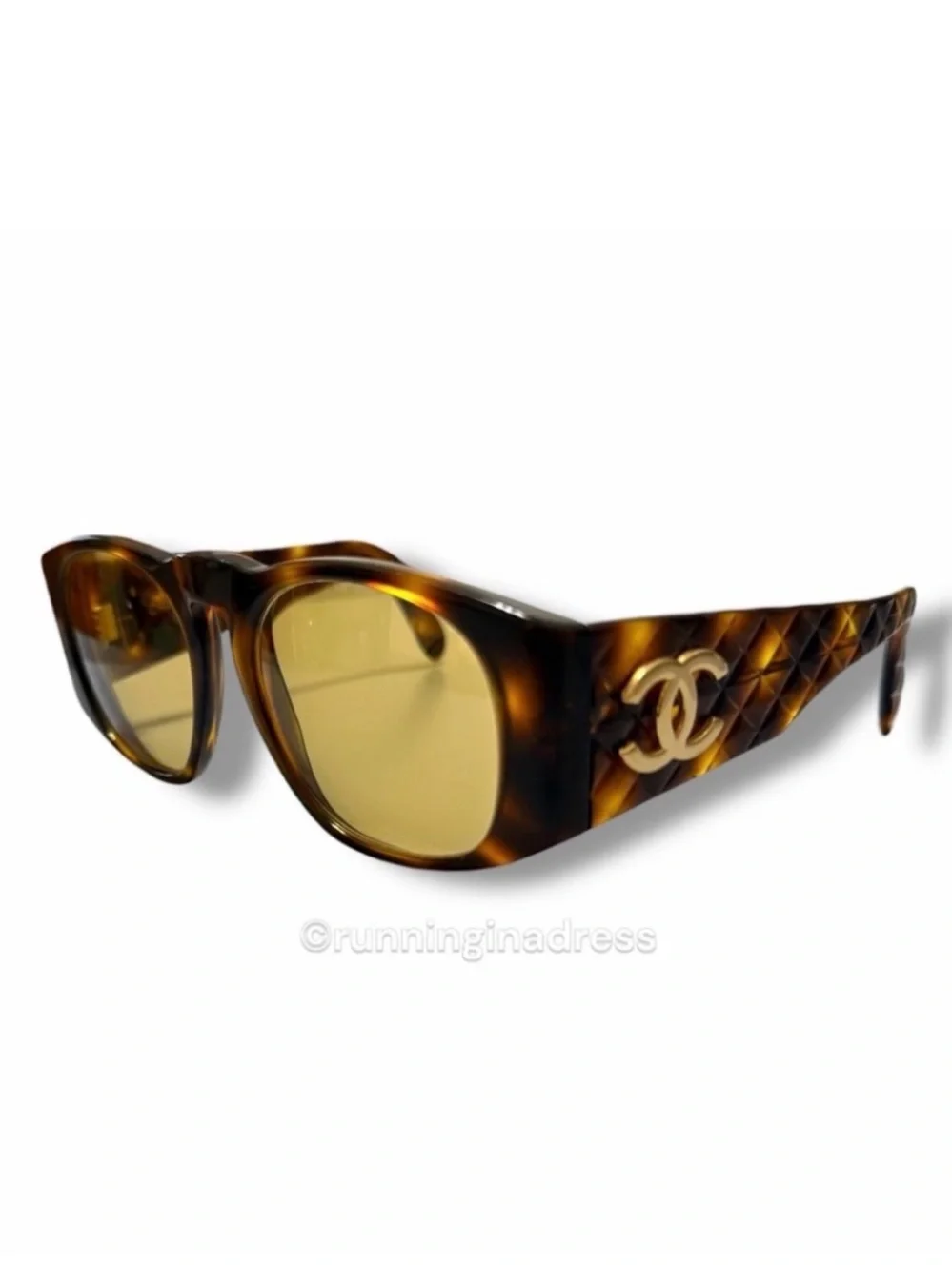 Vintage Chanel 01450 Quilted Sunglasses Tortoise Amber Lens SS 1991 Runway